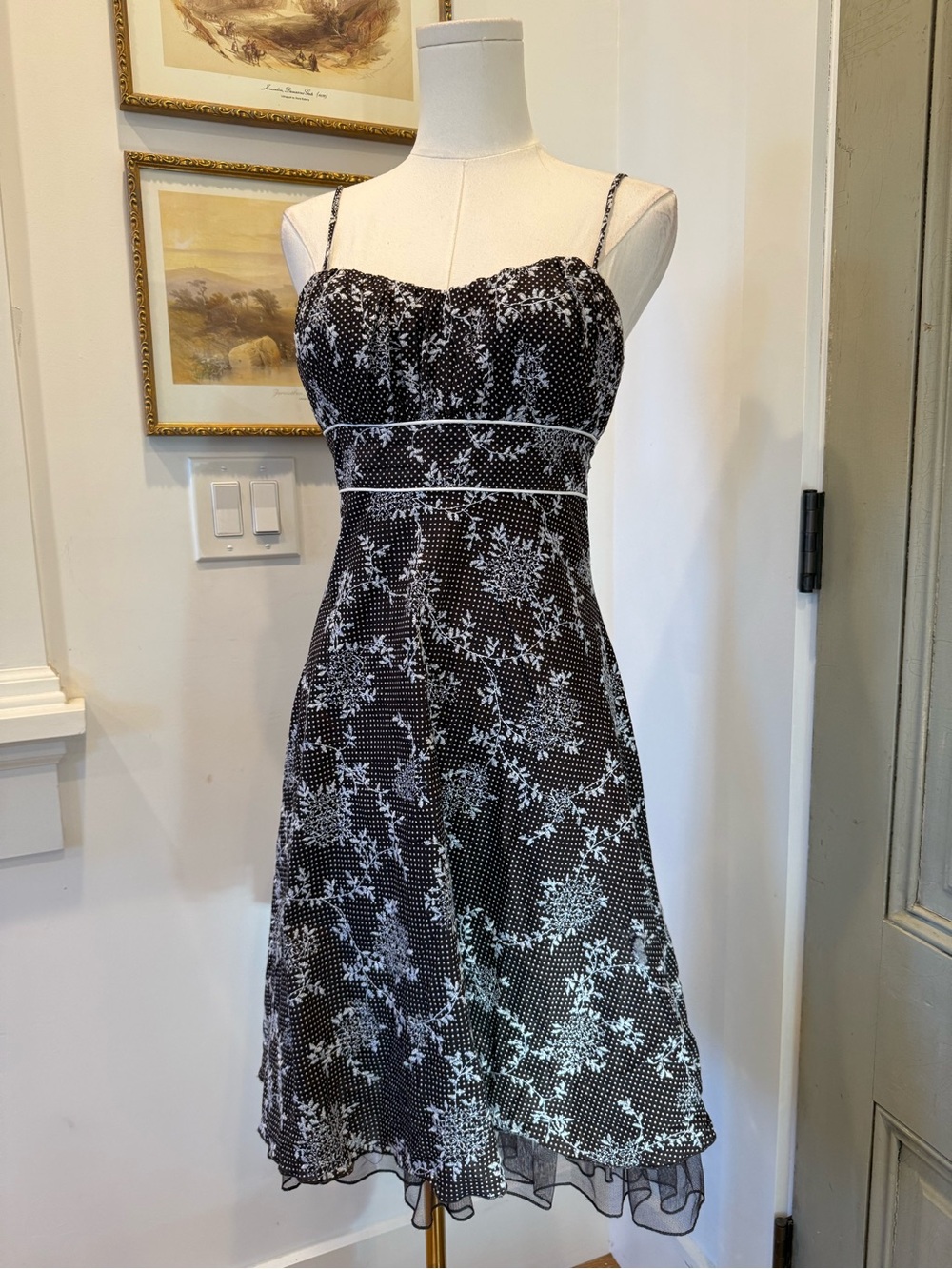 Brown and White Floral Spaghetti-Strap Dress